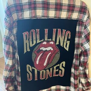 Upcycled plaid flannel with Rolling Stones patch
